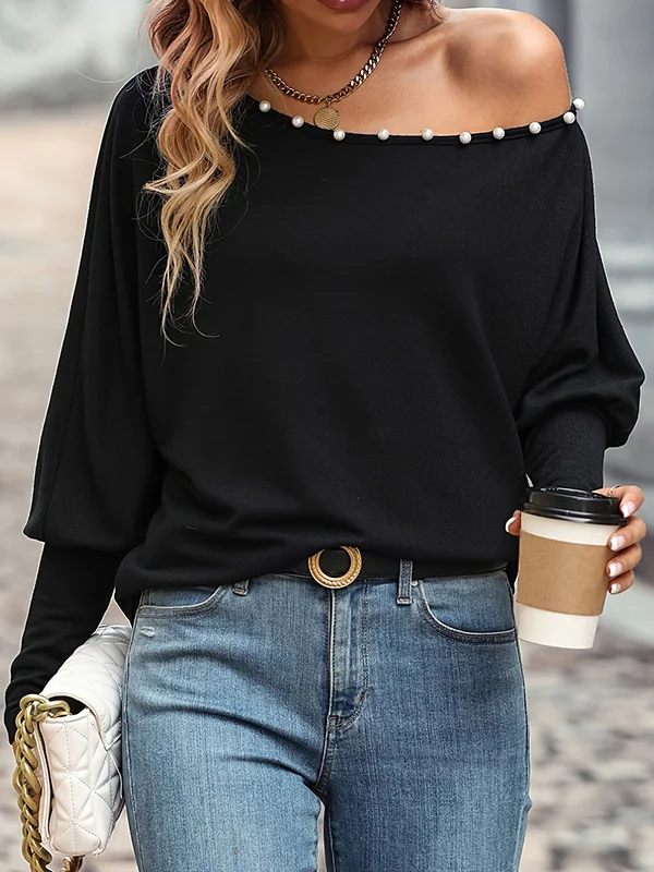 Asymmetric Beaded Long Sleeves Loose One-Shoulder T-Shirts Tops