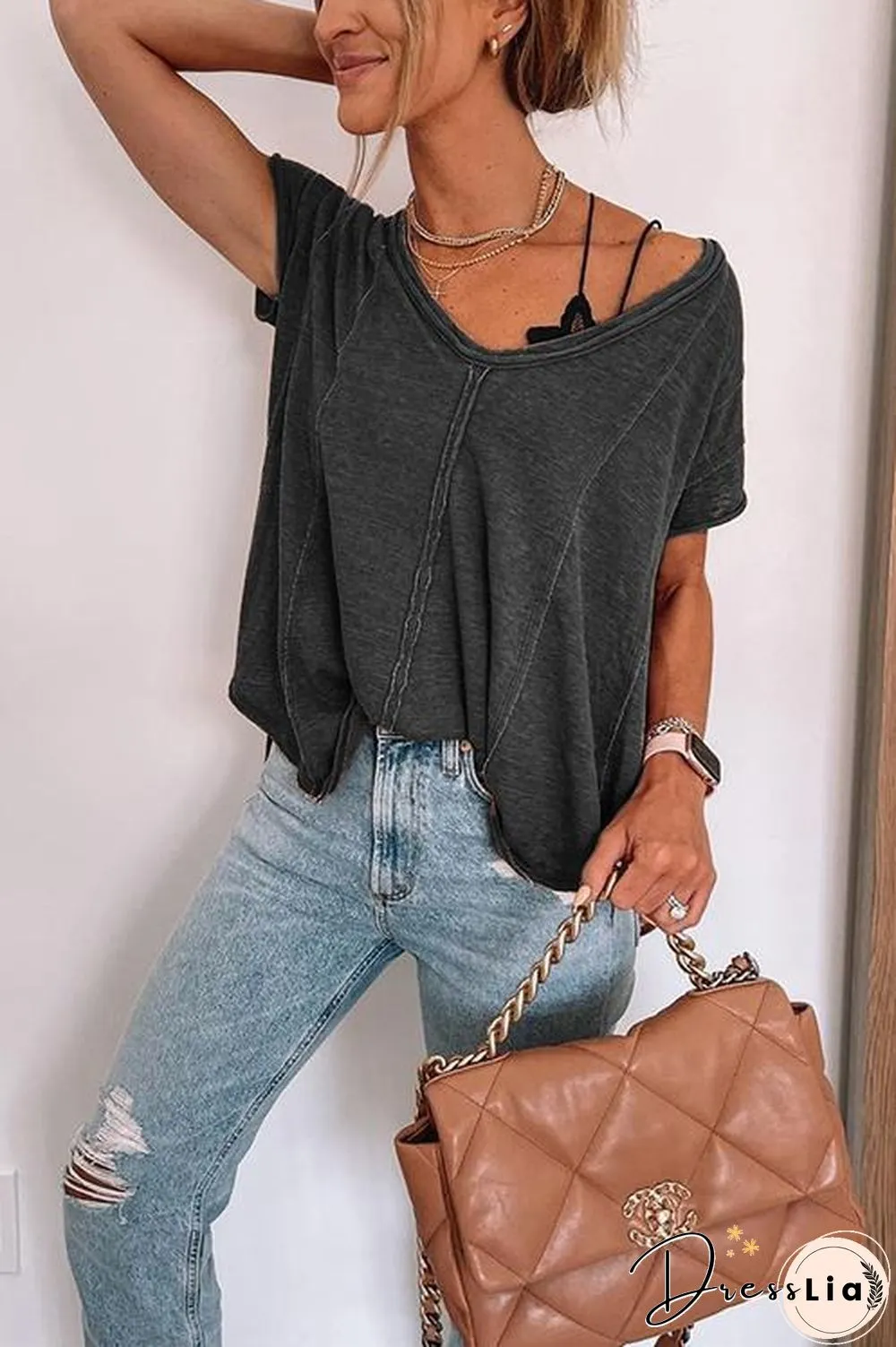 Jada V Neck Short Sleeve Solid T Shirt