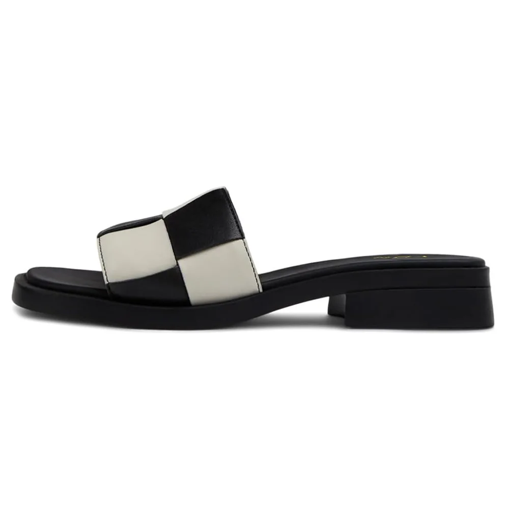 Black & White Patchwork Square Toe Slip On Sandals with Chunky Heel