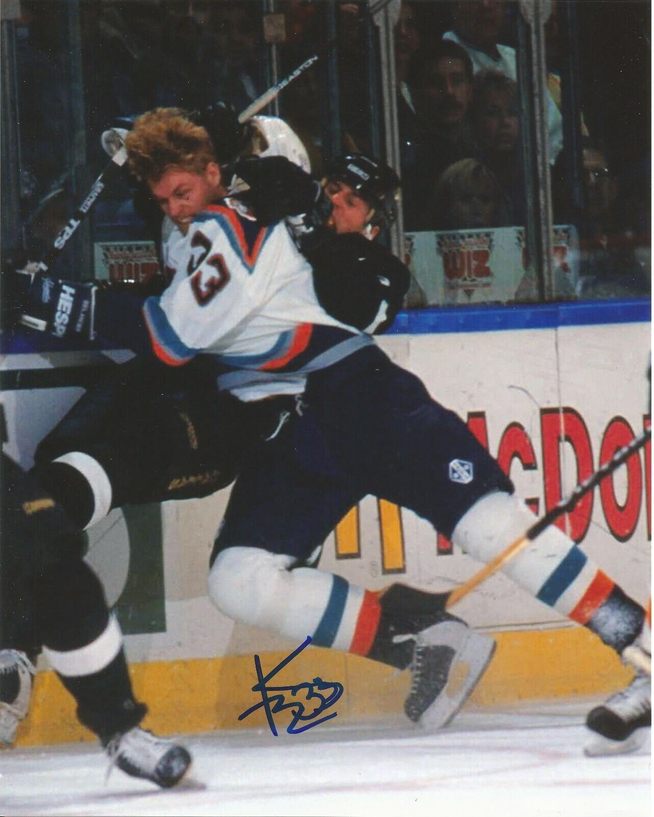 KEN BELANGER SIGNED NEW YORK ISLANDERS 8x10 Photo Poster painting - HIT ON MODANO - w/COA