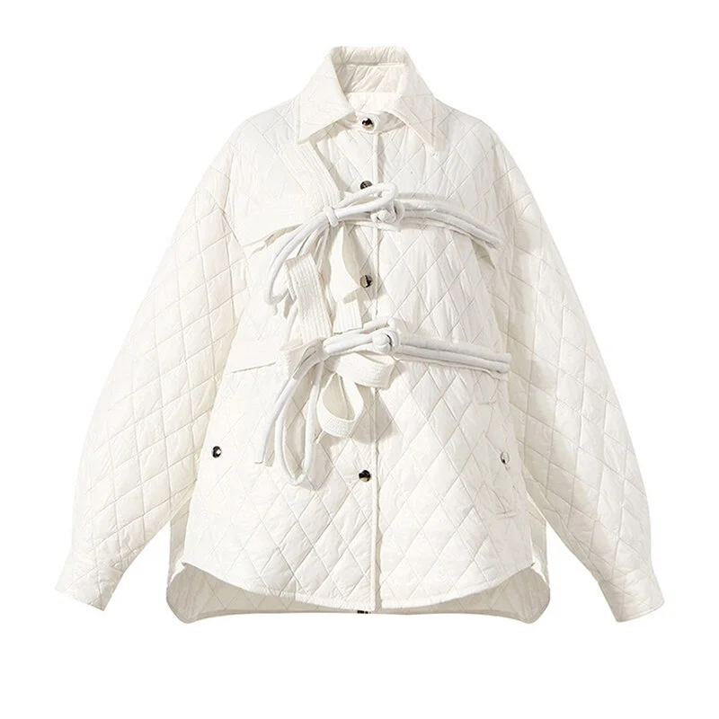 Toloer Bow Big Size White Cotton-padded Coat Long Sleeve Loose Fit Women Parkas Fashion Tide New Autumn Winter 2022 1DE5888
