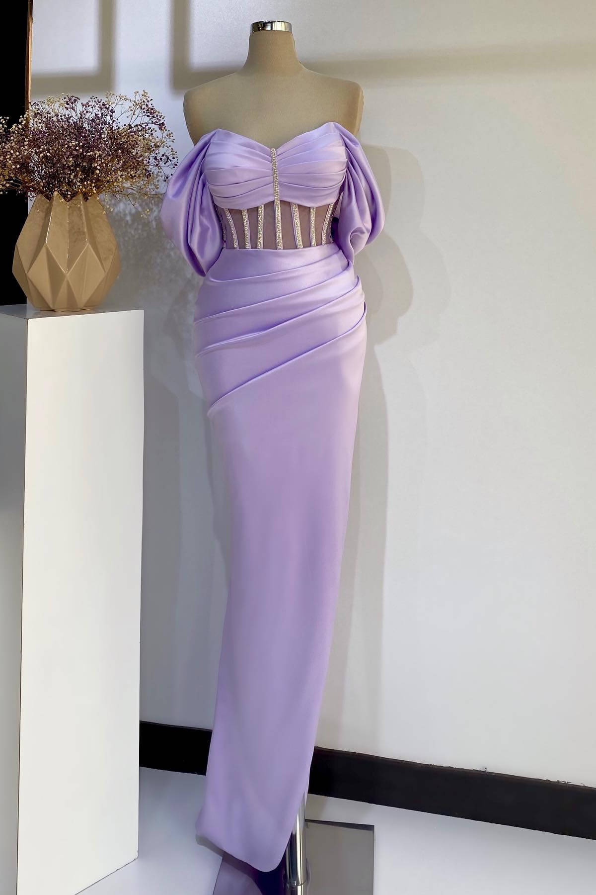 Chic Lilac Off-the-Shoulder Sweetheart Sleeveless Mermaid Evening Gown With Beadings - lulusllly