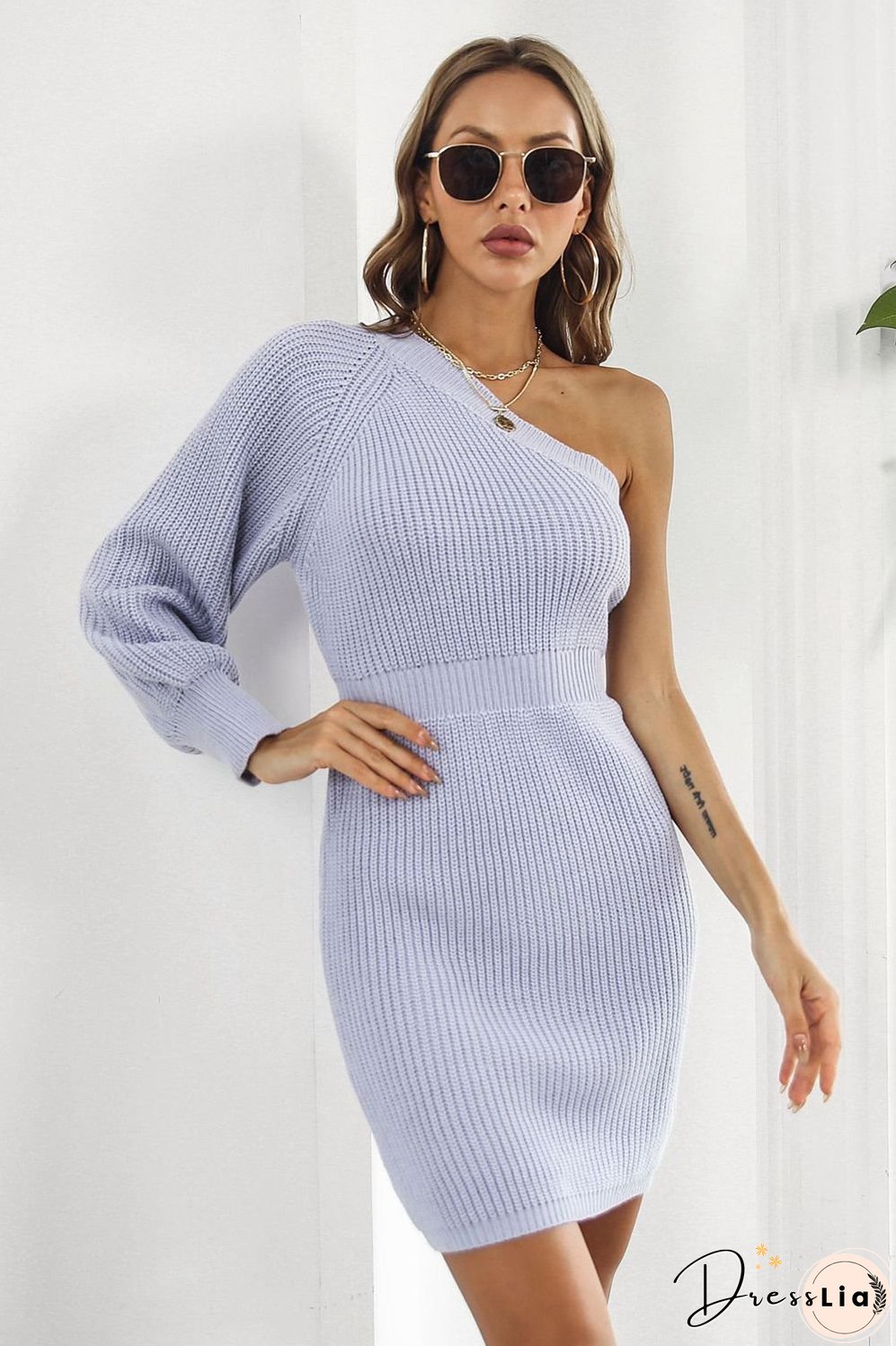 One Shoulder Raglan Sleeve Pencil Sweater Dress