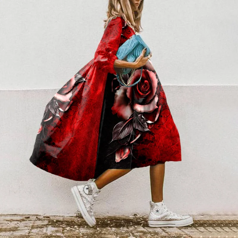 ⚡NEW SEASON⚡Casual Rose Contrast Print Hem Midi Dress
