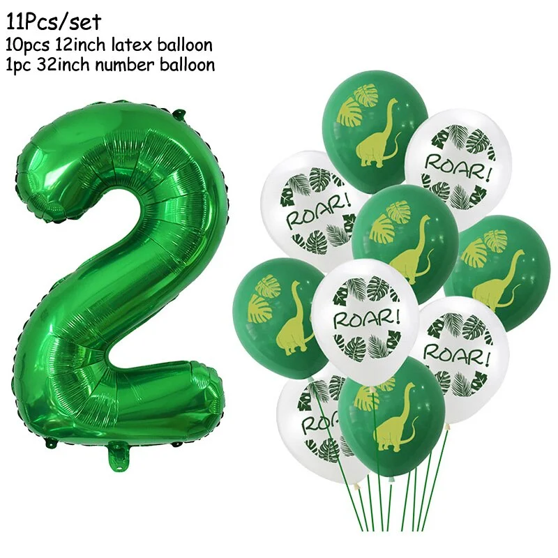 11Pcs Green Foil Number Balloons Dinosaur Latex Balloon Kids Jungle Theme Birthday Safari Forest Party Decorations Baby Shower