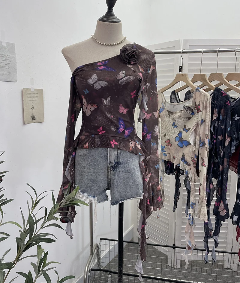 Uveng Tie Dyed Elastic Mesh Oblique Shoulder Irregular Horn Long-Sleeved T-Shirt Flower Short Floated Female 9932