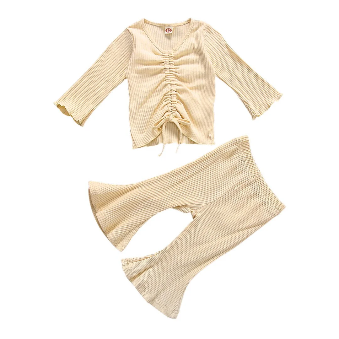 Infant Kids Baby Girl Ribbed Solid Set Flared Sleeve Suit Long Sleeves Tops Shirt Pants Navel Design Drawstring Spring Clothing