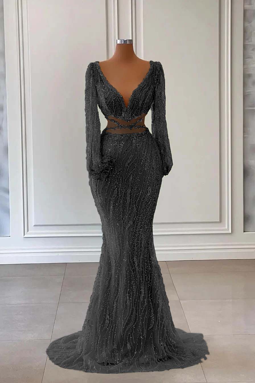 Hidais Light Green Long Sleeves V Neck Mermaid Evening Dress With Sequins Beading