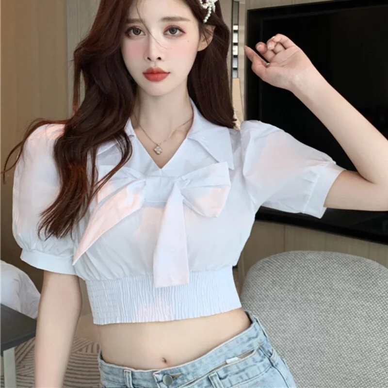 Zoki Elegant Tunic Women Blouse Summer Short Sleeve White Korean Bow Knot Ladies Crop Tops Fashion European Style Chic Tops 2021