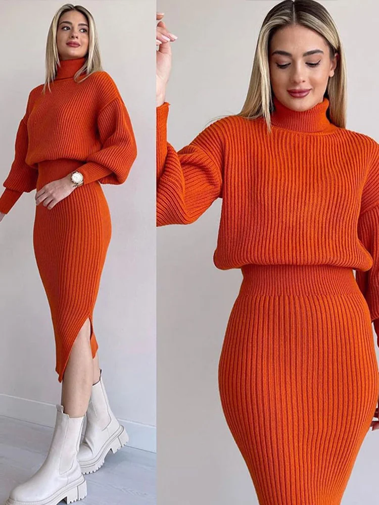 Toloer Toloer Elegant Knitted Dress 2 Pieces Set Long Sleeve Cropped Sweater And Slit Dress Suits Female Sexy Soft Pullover Outfits 1127-1-Outfit Ideas