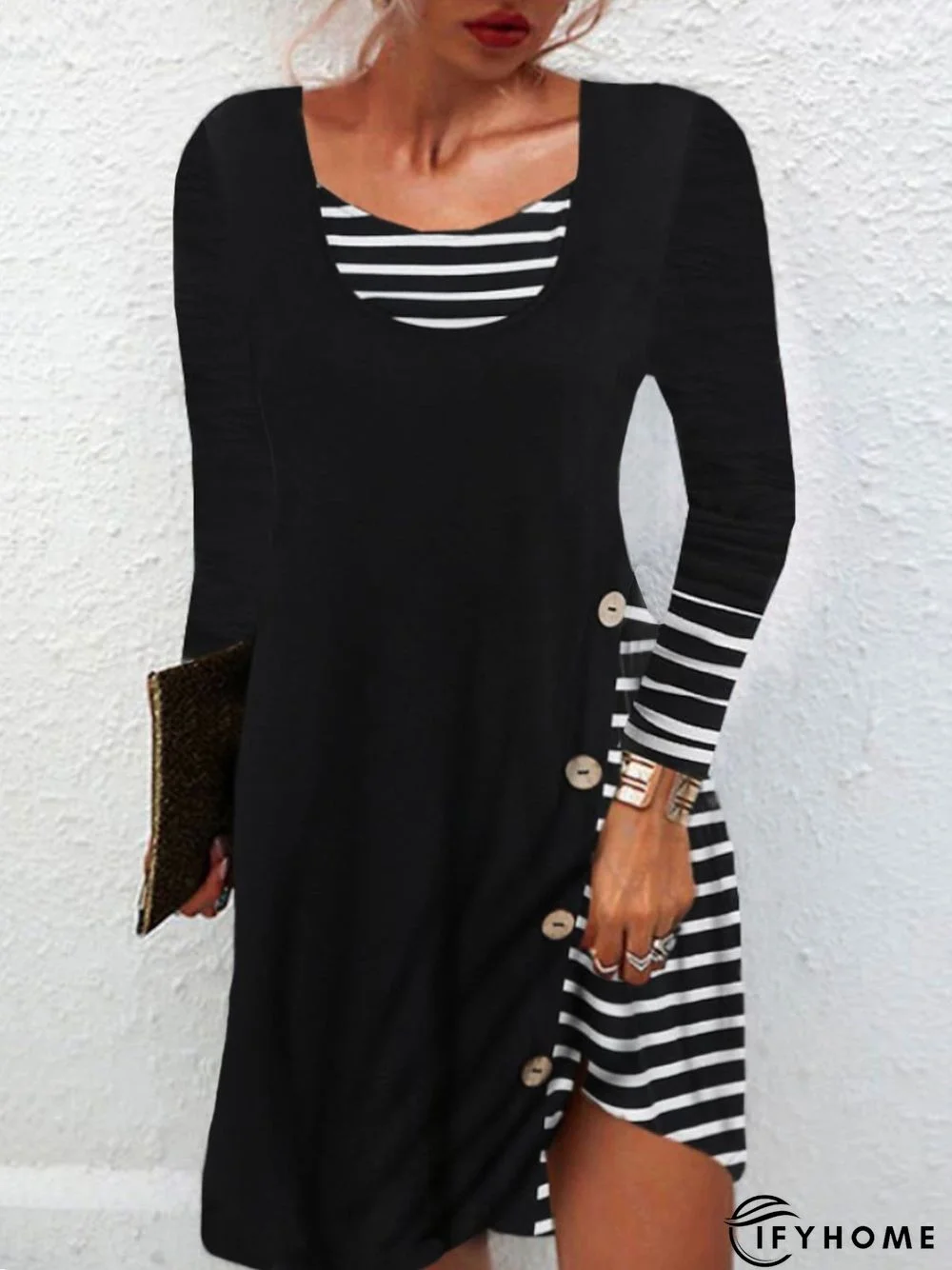 Jersey Casual Long sleeve Crew Neck Striped Loose Dress | IFYHOME