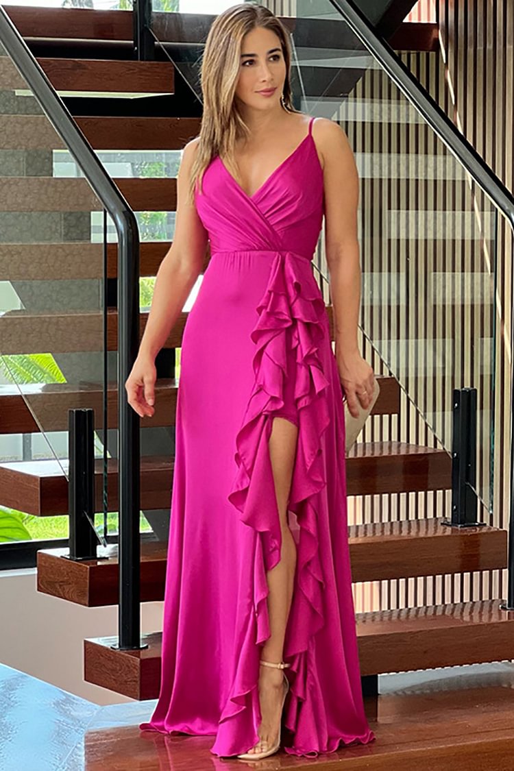 V Neck Ruffle High Slit Formal Party Slip Maxi Dresses