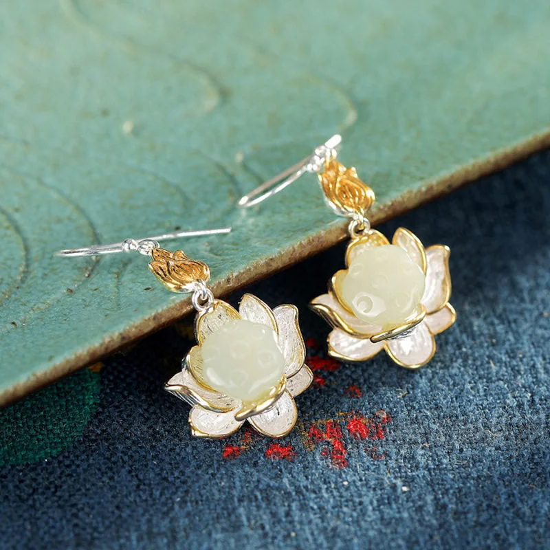 White Jade Lotus Harmony Protection Drop Earrings