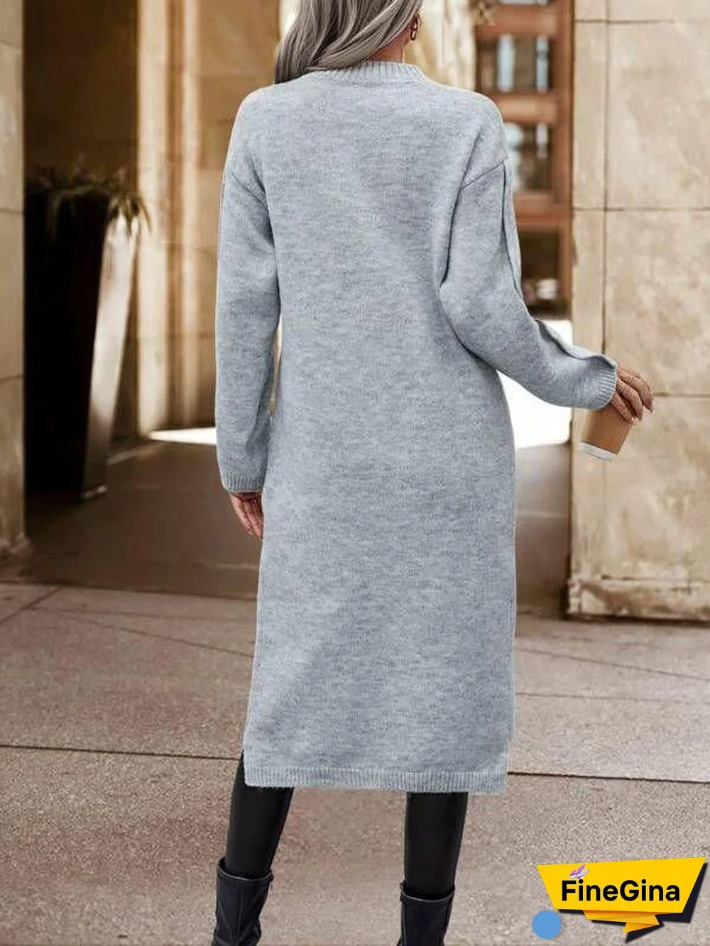 Grey Plain Round Neck Sweater