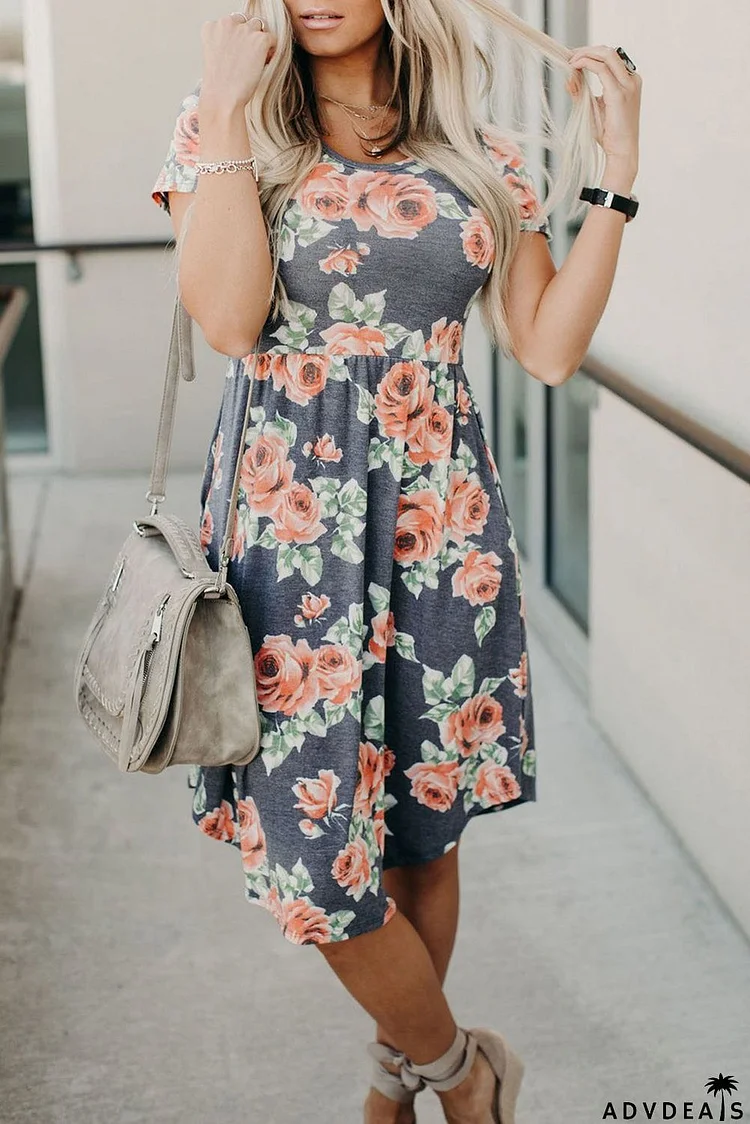 Floral Print Short Sleeve Pleated Mini Dress