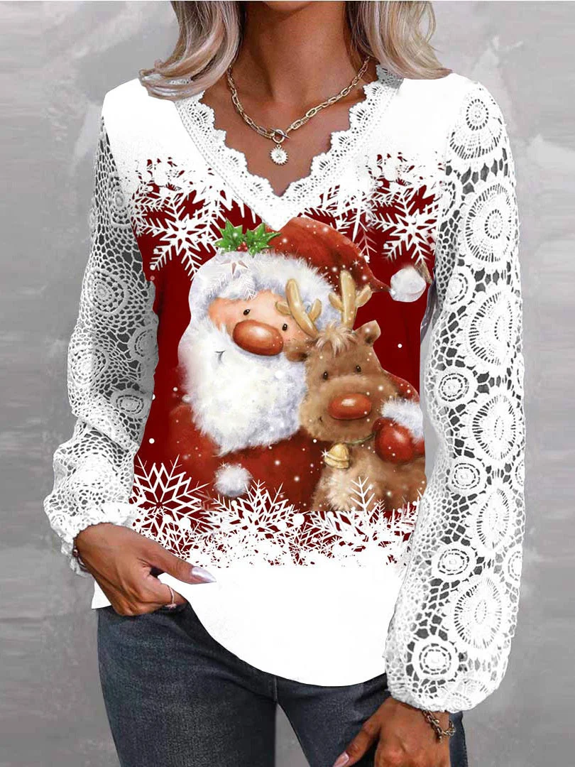 Women Long Sleeve V-neck Santa Claus Elk Printed Lace Christmas Tops