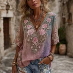 Women's Retro Floral Embroidered Art Gradient V-neck T-shirt - Image 2