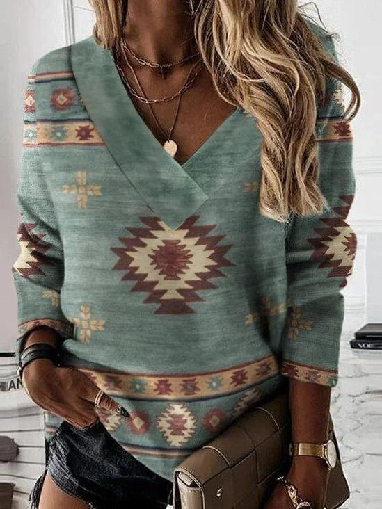 Women's Long Sleeve V-neck Geometric Graphic Printed Top