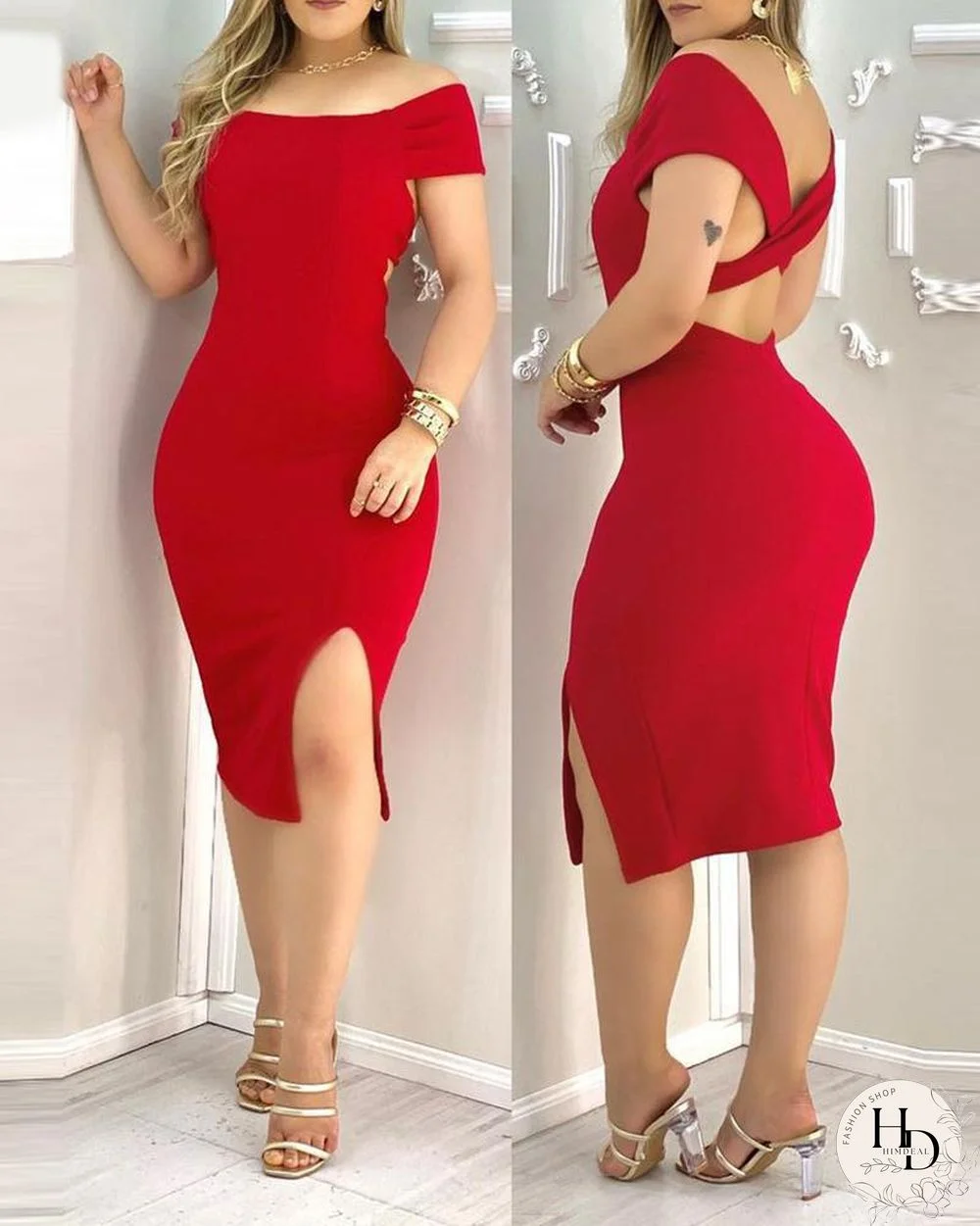 Plain Off Shoulder Open Back Slit Midi  Dress P14002