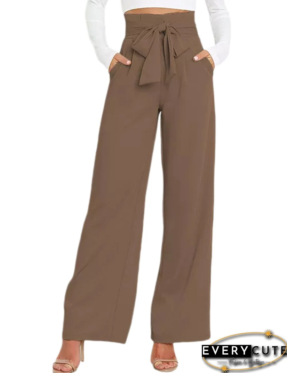 Khaki Wide Leg High Waist Pocket Pants with Belt