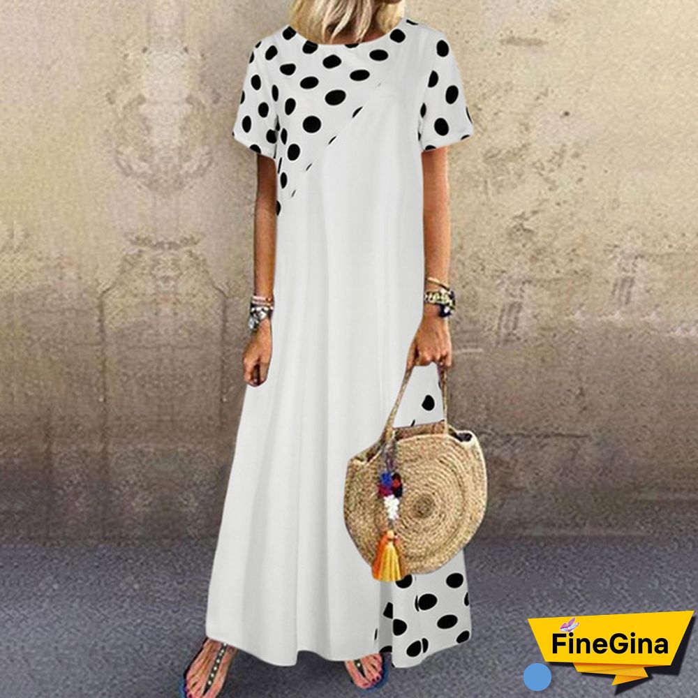 Summer Women Polka Dot Maxi Dress Robe Short Sleeve Round Neck Patchwork Party Casual Loose Long Dress Plus Size Tunic