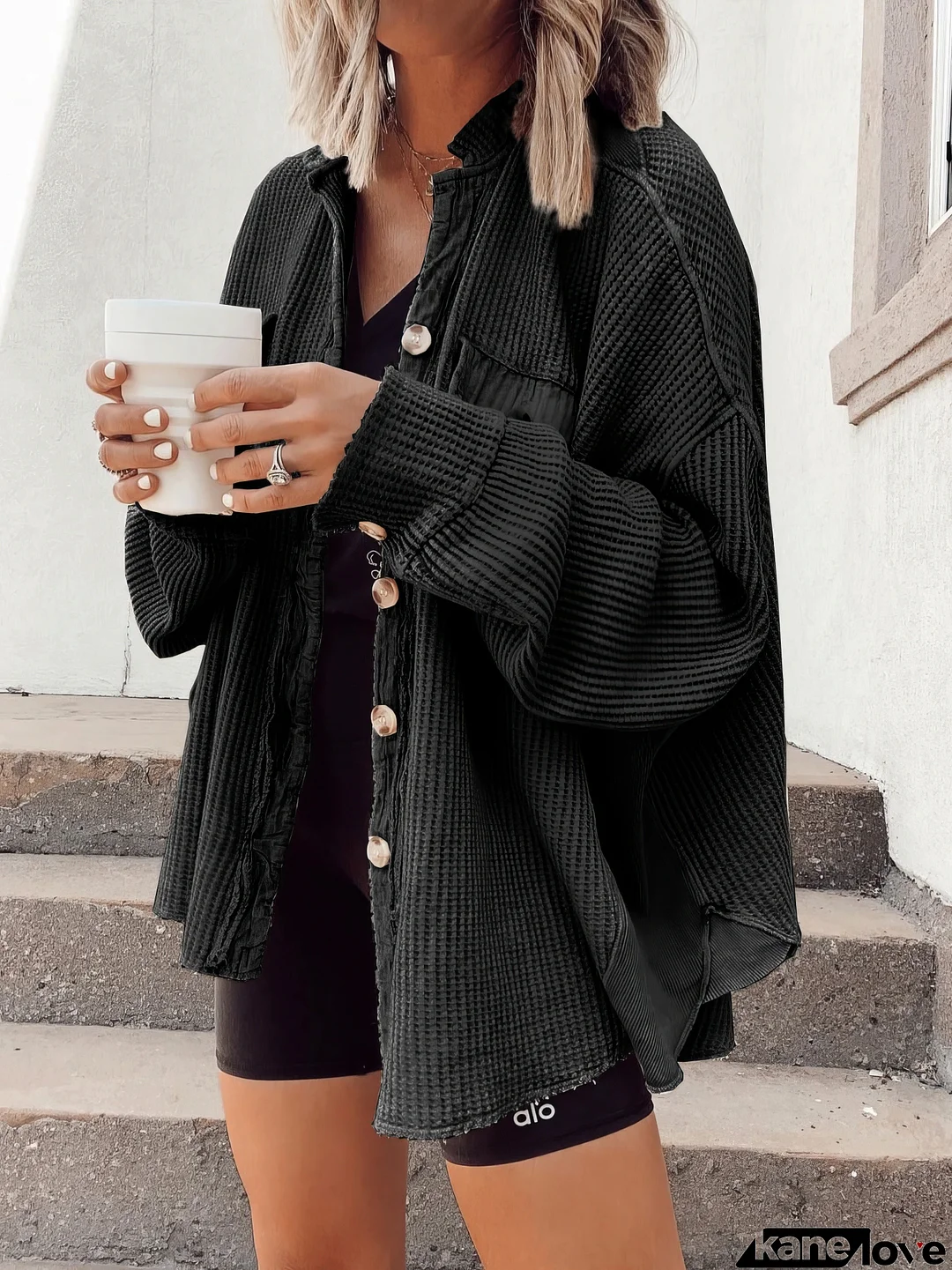 Waffle Button Long Sleeve Shirt Coat
