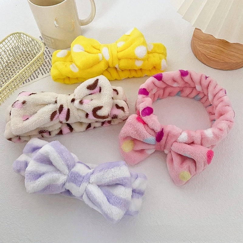 Leopard Stripe Bow Hair Band Women’s Face Washing Sports Hair Band Coral Fleece Hair Accessories