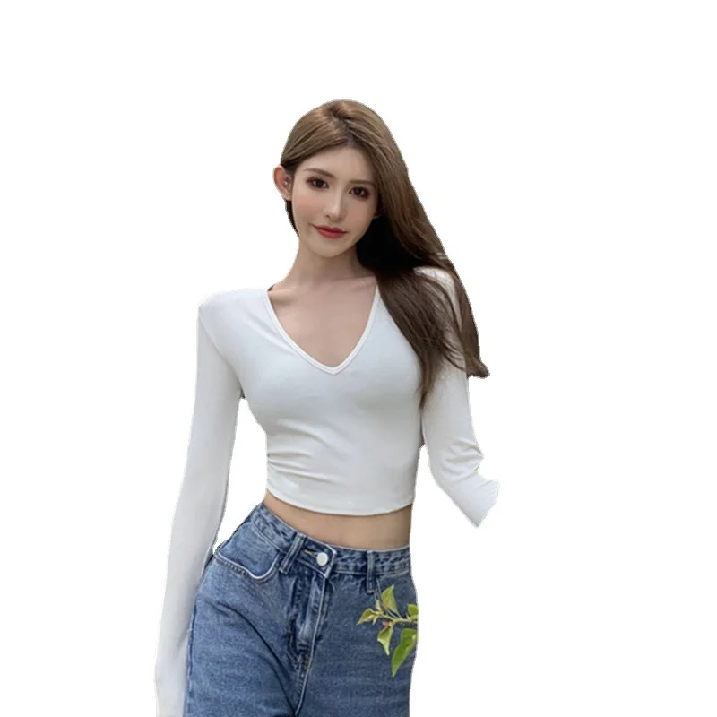 Uveng Uveng Women's Short Slim Long Sleeve With Bottom Shirt Autumn 2024 New Sexy V-Neck Collarbone Student Top Female