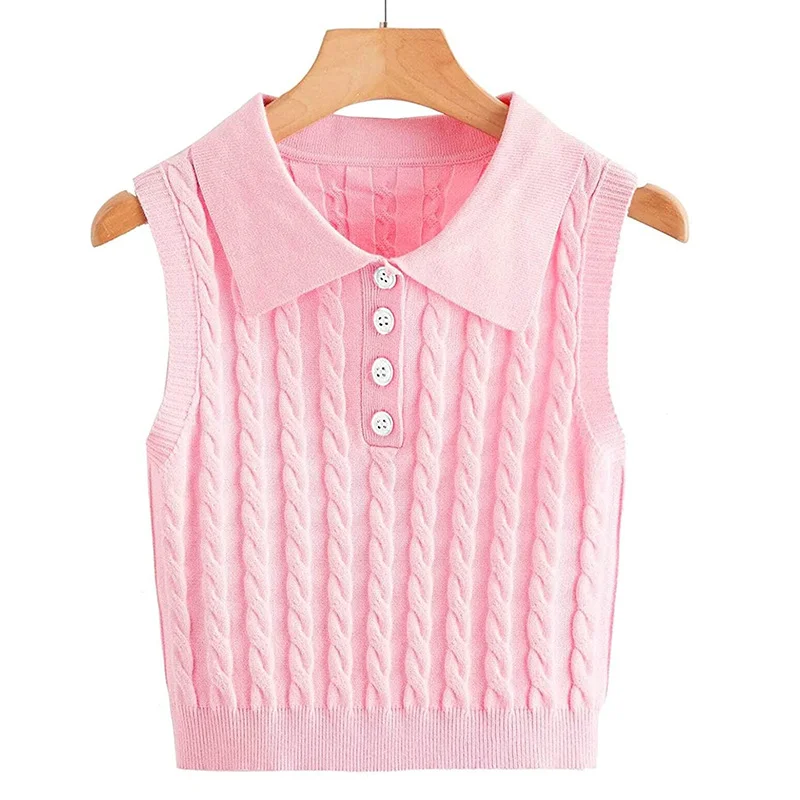 Mongw Mongw Sweater Women's Knitted Vest Twisted Flower Sleeveless Collar Button Cover Small Vest