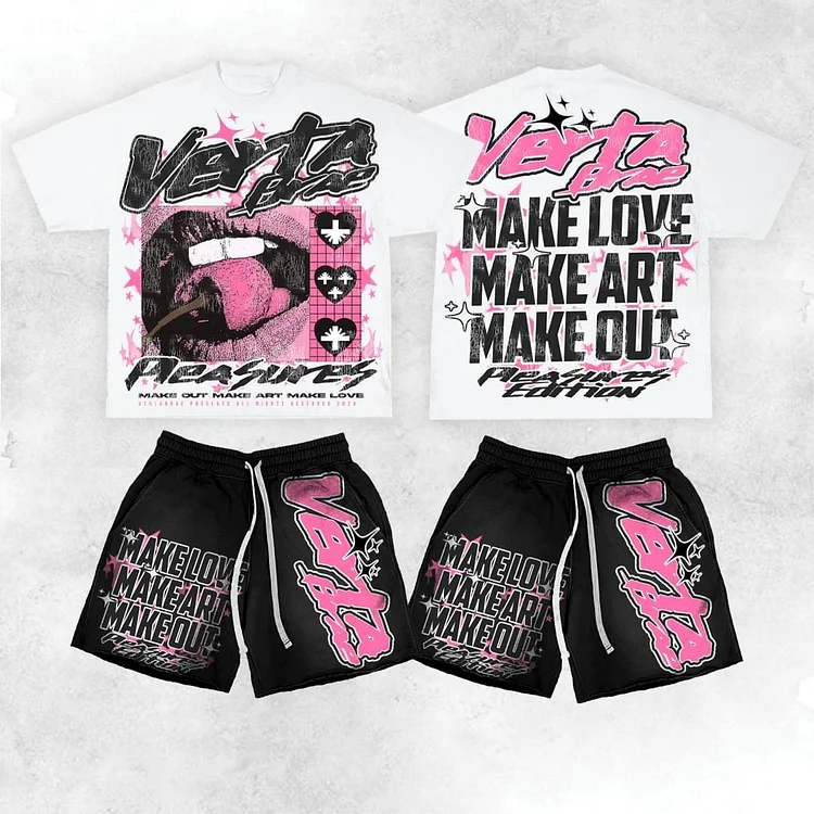 Vintage Vert With Make Love Make Art Make Out Graphic T-Shirt And Shorts Matching Set