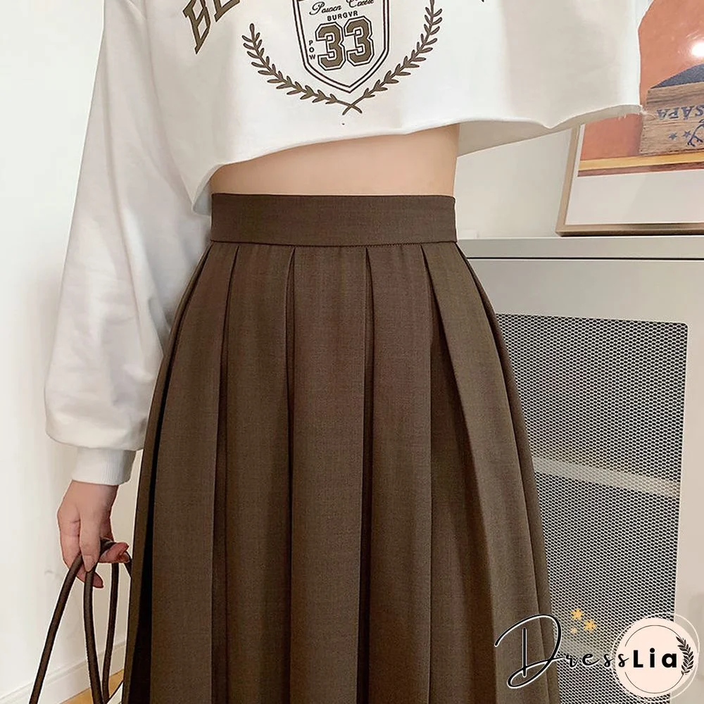 Vintage Pleated Midi Skirt Fashion High Waist Gothic Skirt Women Spring Casual Korean A-line Elastic Solid All-match Skirt New
