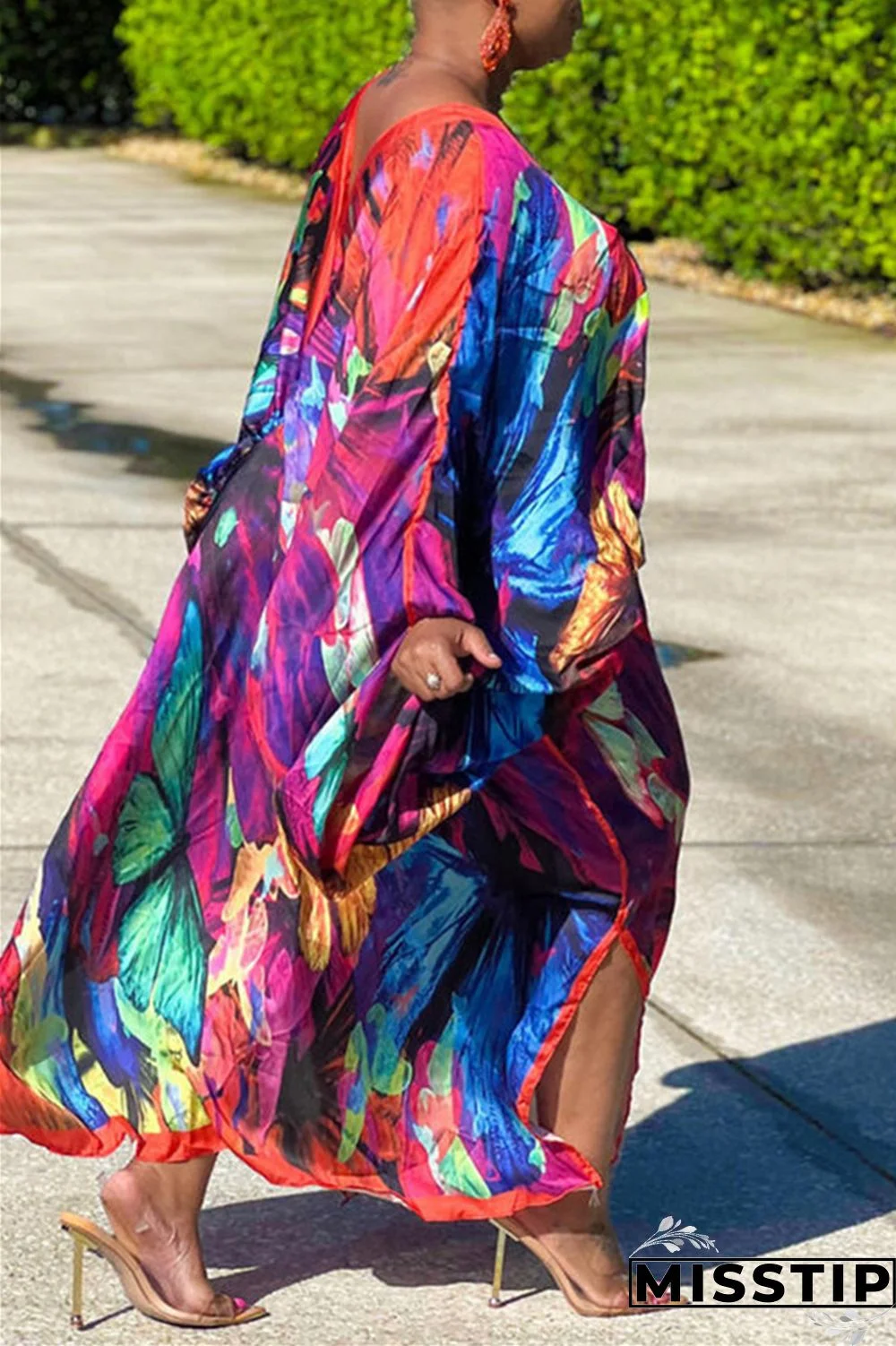 Red Gray Casual Print Patchwork V Neck Irregular Dress Plus Size Dresses