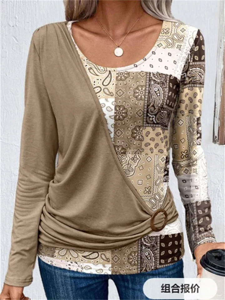 Fall Printed Loose Patchwork Comfortable Casual Round Neck Pullover Long Sleeve T-Shirt Commuter Style Tops
