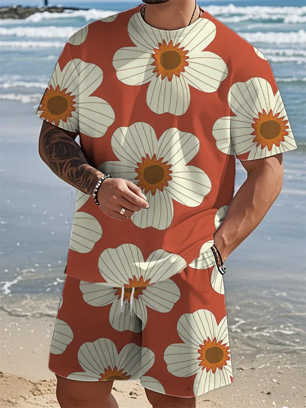 Men's Cartoon Floral Graphic Print T-Shirt Shorts Set