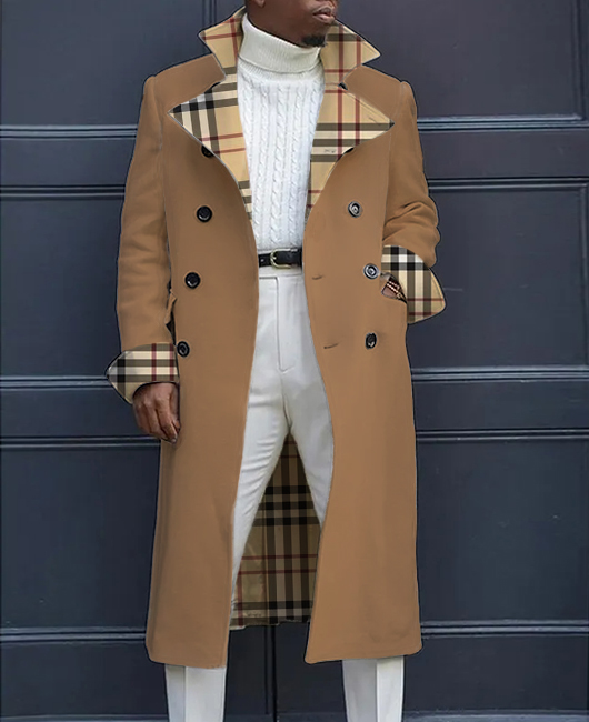 OK Notch Lapel Plaid Patchwork Double-breasted Long Coat