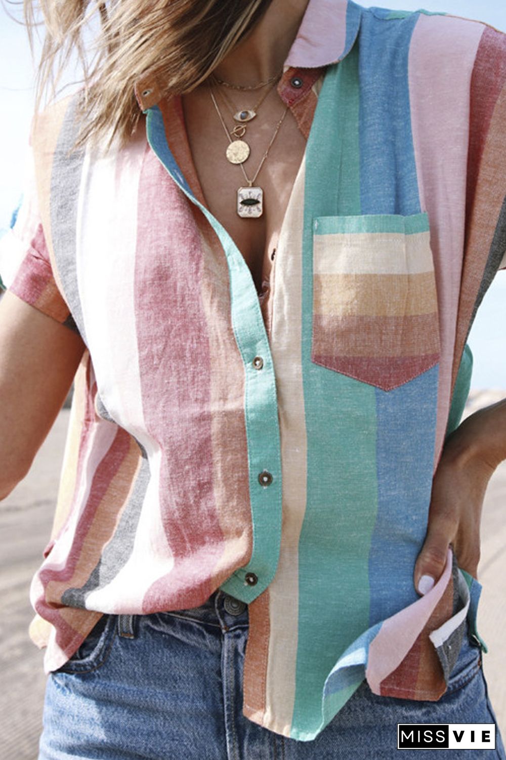 Rainbow Stripe Lapel Blouse