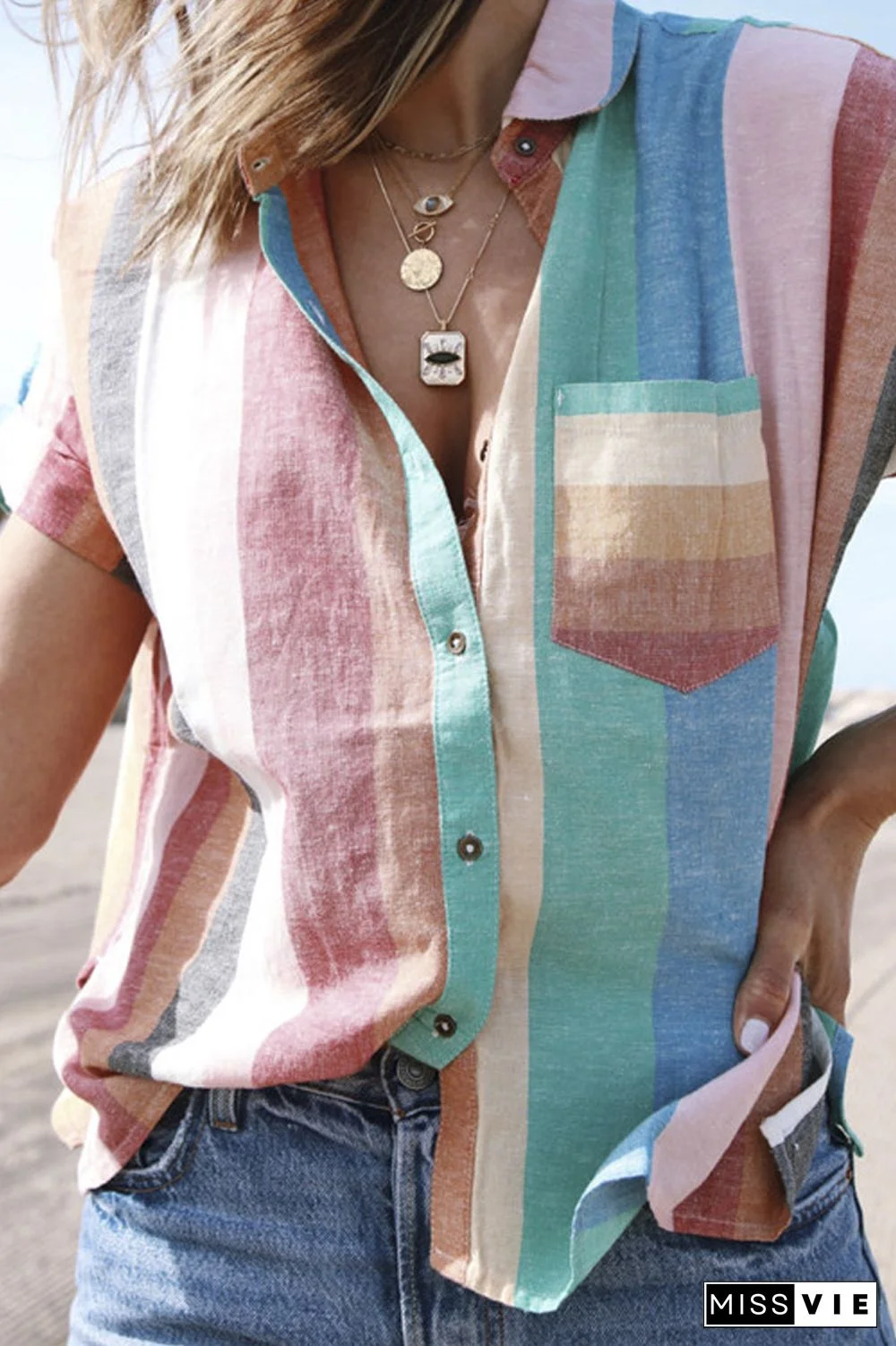 Rainbow Stripe Lapel Blouse