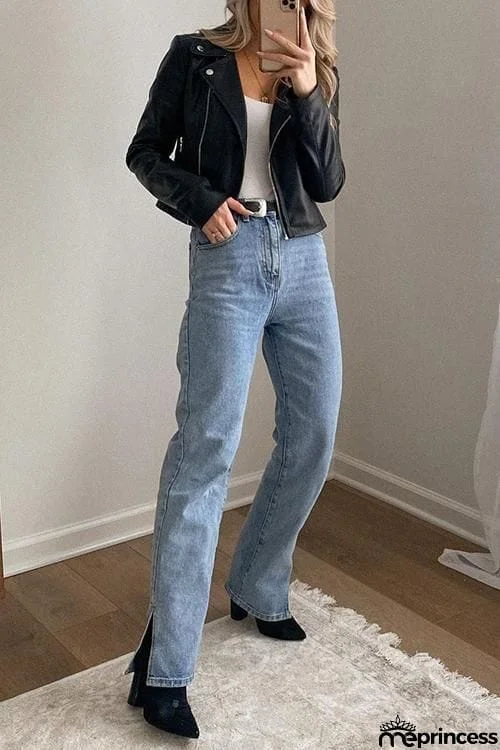 High Waist Ripped Slit Jeans