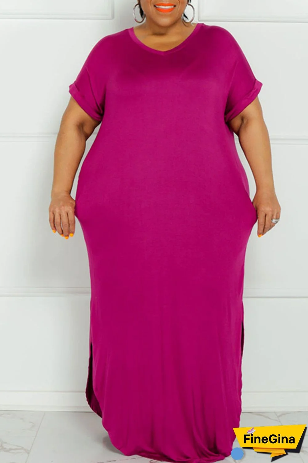 Yellow Casual Solid Patchwork Slit V Neck Straight Plus Size Dresses