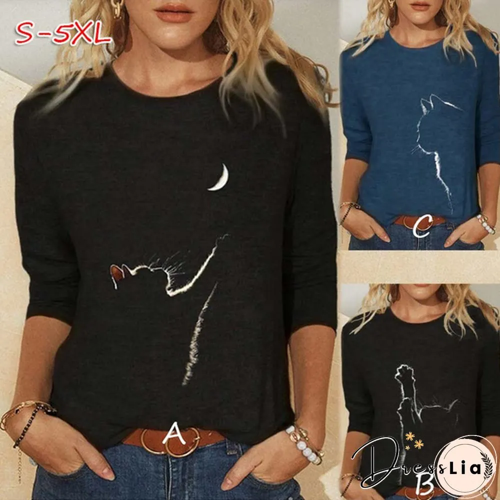 Cute Cat Print Long Sleeved Womens Shirt Spring Autumn Casual
