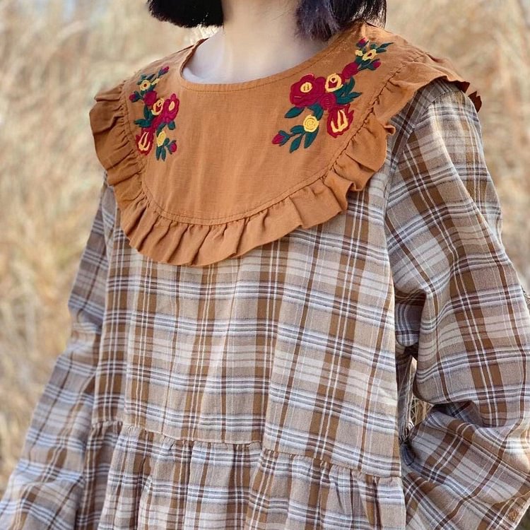 Queenfunky cottagecore style Cottagecore Embroidered Collar Plaid Dress QueenFunky