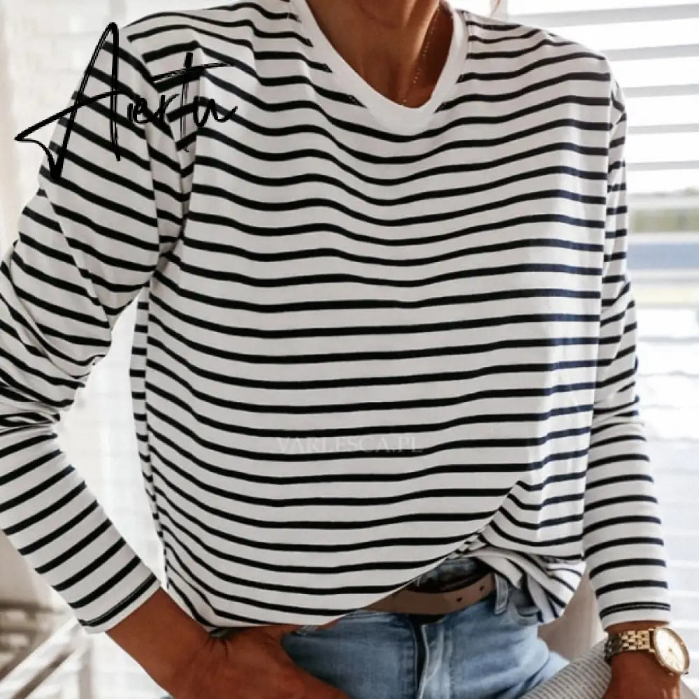 Women Black And White Stripes O Neck Casual Tops Long Sleeve Loose Pullover T-shirt Srping New Fashion Korea Shirt Aiertu