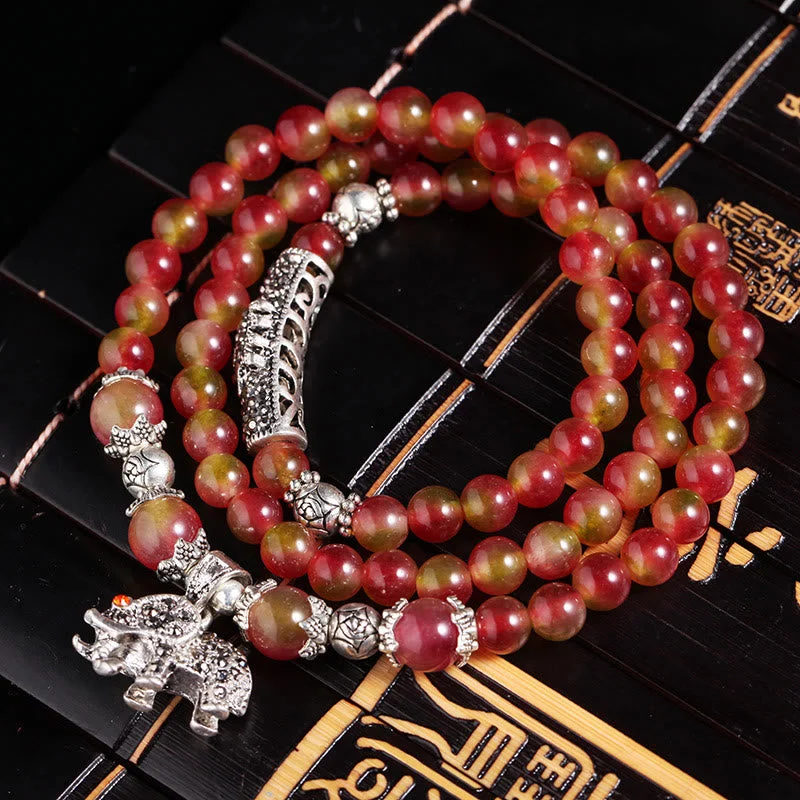 Watermelon Tourmaline PiXiu Elephant Positive Triple Wrap Mala Bracelet