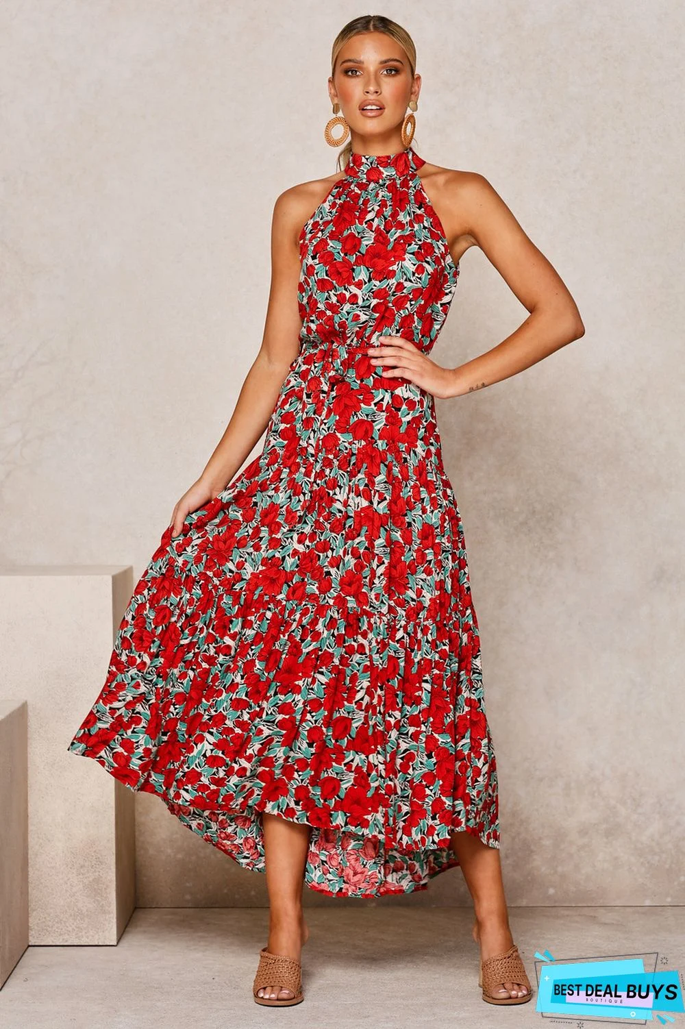 Neck Print Lace-Up Dress