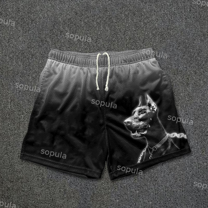 Vintage Doberman Gradient Graphic Casual Street Mesh Shorts - Sopula｜Premium Graphic Tees & Graphic Clothing