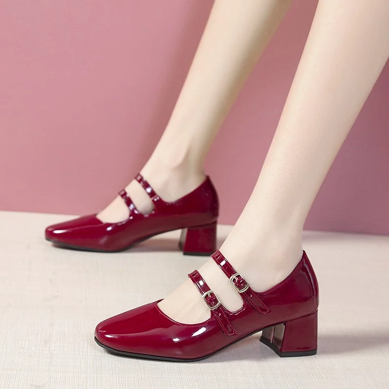 Back To School 2022 Spring Autumn Women Double Buckle Mary Janes Shoes Patent Leather Dress Shoes High Heels Pumps Retro Ladies Shoe Black Red