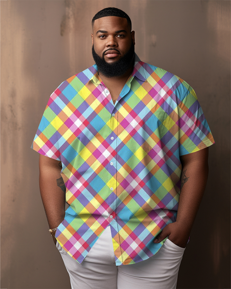 Men's Large Size Casual Colorful Diagonal Striped Plaid Lapel Short-Sleeved Shirt