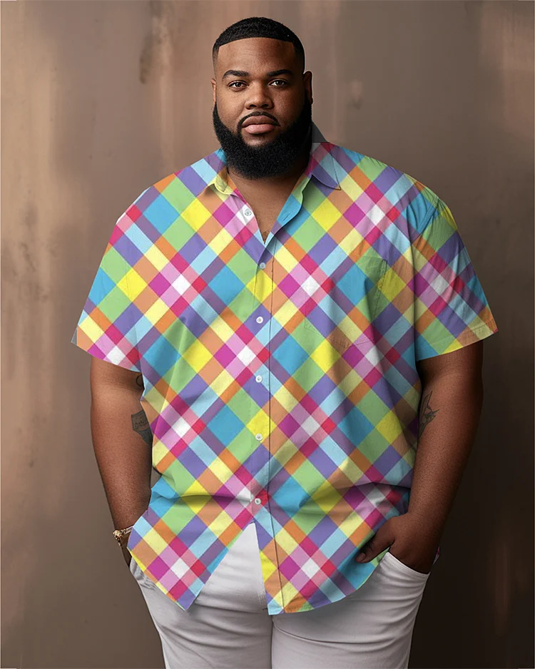 Men's Large Size Casual Colorful Diagonal Striped Plaid Lapel Short-Sleeved Shirt