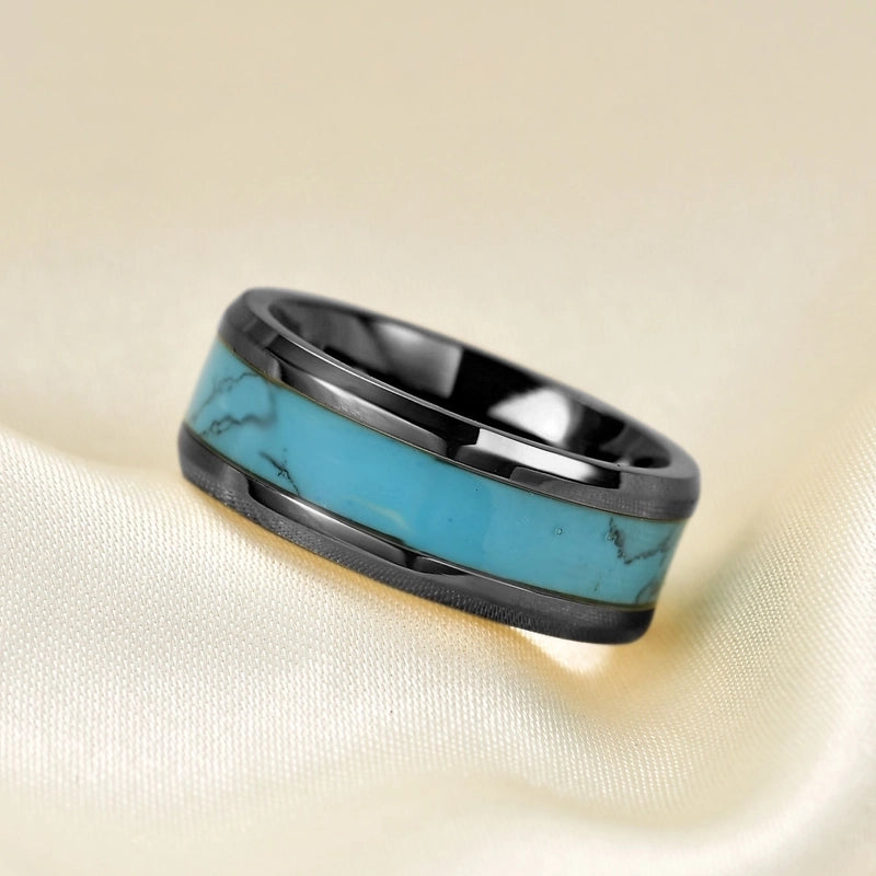 Fashion Simple Natural Turquoise Titanium Steel Ring For Men