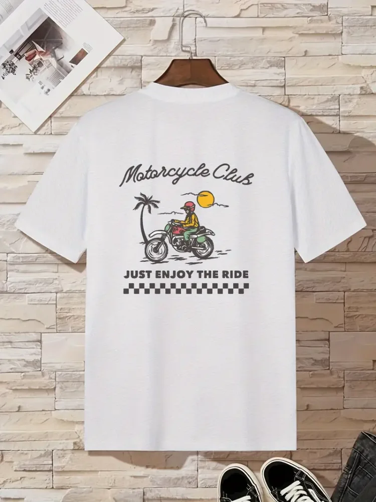 MOTORCYCLE CLUB Print Crew Neck T-shirt  Casual Short Sleeve Top, Women's Clothing